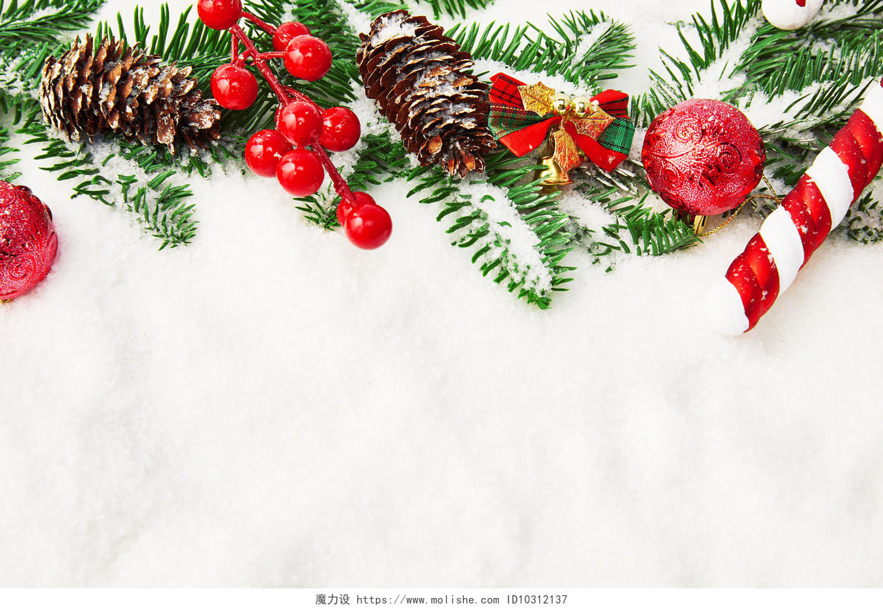 灰底圣诞边框人造雪花绿叶红色装饰圣诞节圣诞元素